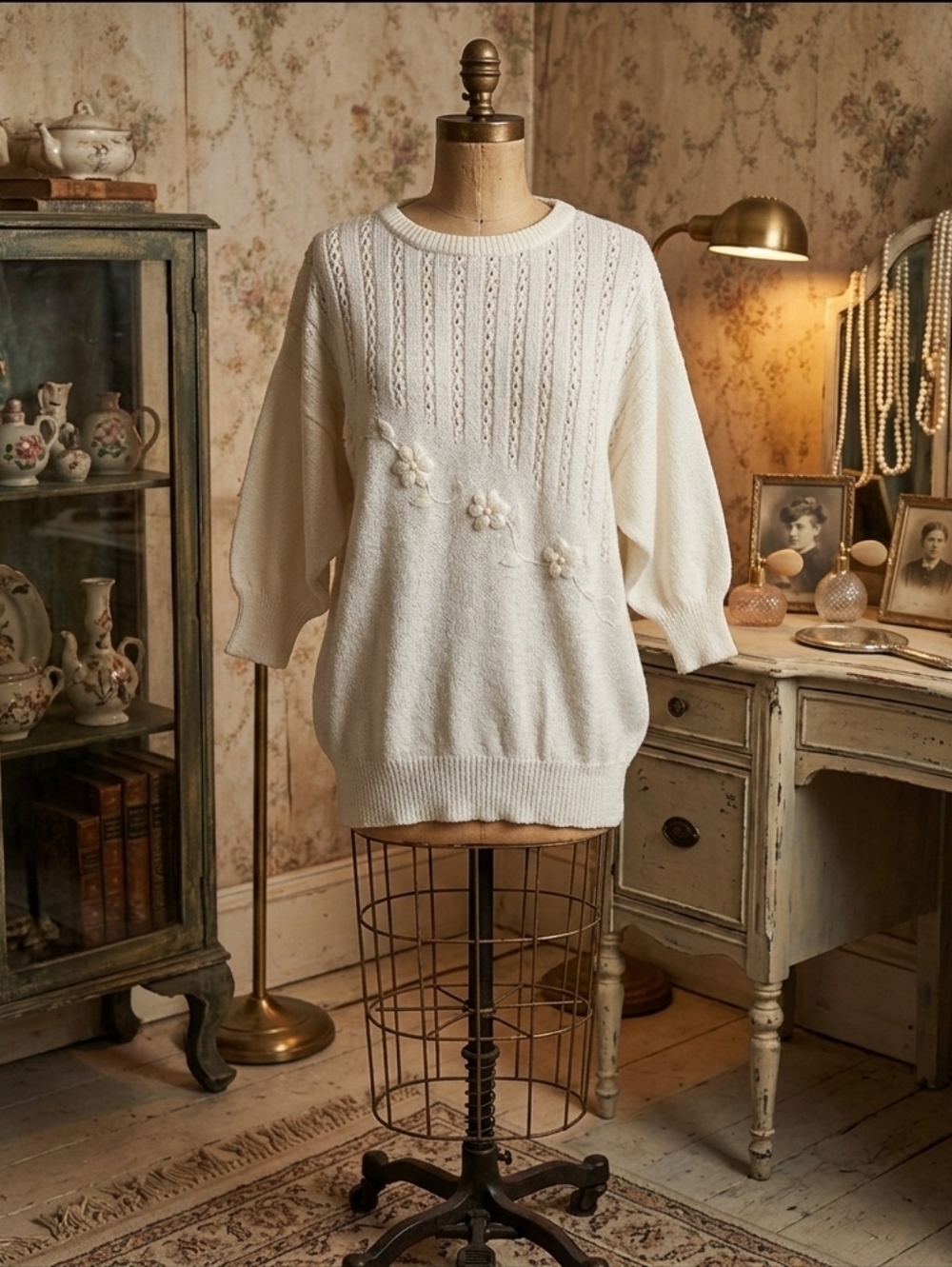 Vintage Perspective Classic Classique Cream Floral Knit Sweater Size L Soft